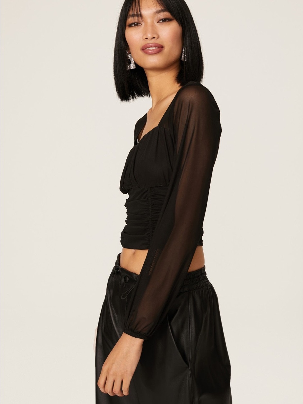 Black Sheer Sleeve Ruched Crop Top